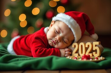 Baby in Santa Claus costume sleeping on Christmas background with the number 2025