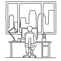 Minimalist line-art illustration of a person sitting at a desk