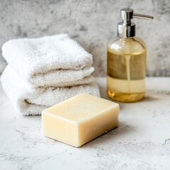 A serene bathroom setting with soap, lotion, and towels for personal care.