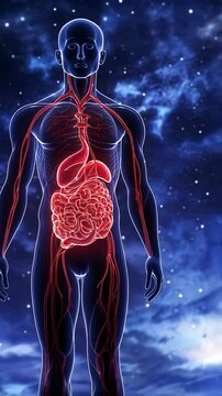 The illustration depicts a male figure, transparent to reveal internal organs