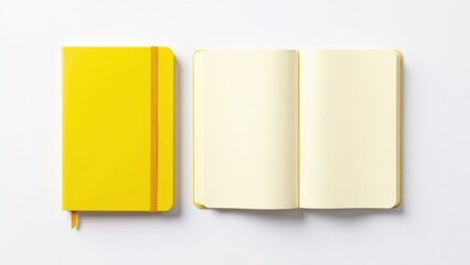 A modern moleskine classic notebook mockup featuring a sleek yellow design, displayed open and closed on a white surface.