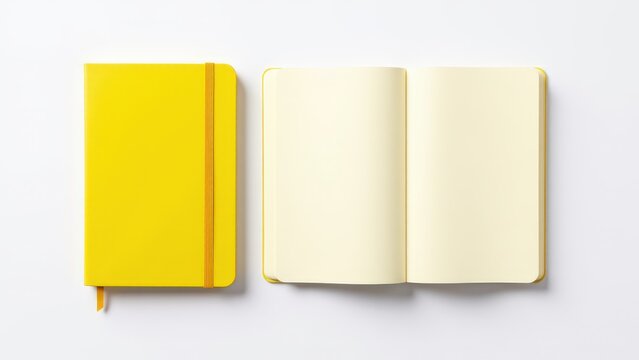 A modern moleskine classic notebook mockup featuring a sleek yellow design, displayed open and closed on a white surface.