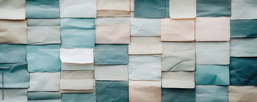 Poster a textured mosaic of pastel-colored paper squares arranged in a grid pattern, showcasing a gradient 