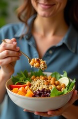 vegan food, vegan buddha bowl with vegetables and sauces, healthy nutrition
