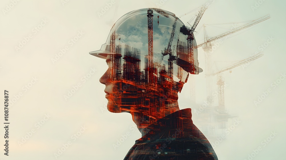 Aufkleber Profile of Construction Worker with Double Exposure Effect Featuring Cranes and Building Framework in Urban Environment