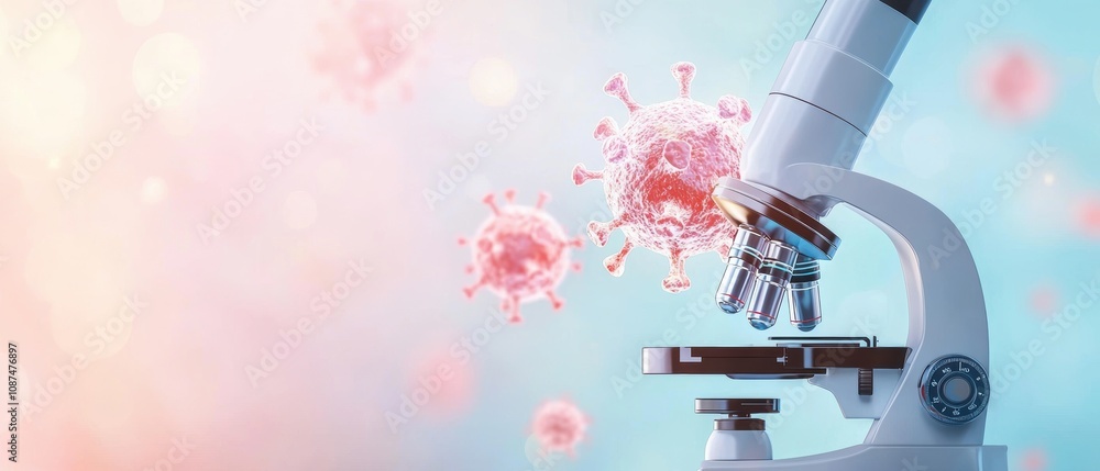 Poster microscope examining virus cells with a colorful background representing scientific research.
