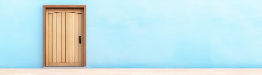 A wooden door set against a light blue wall, creating a simple and inviting entryway focal point.