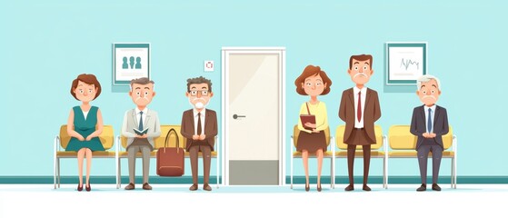 Group of diverse people waiting in a modern office environment, showcasing patience and anticipation.