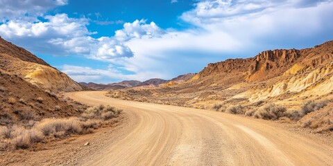 Dirt road winding through a desert landscape, leading towards old, abandoned mines. Explore the rugged charm of the dirt road and the intriguing history of the deserted mines.