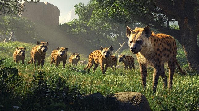 A Pack of Hyenas Stalking Through Lush Green Grass Under the Sunlight Near Rocky Terrain, Capturing Their Playful Yet Stealthy Nature in a Vibrant Wild Environment