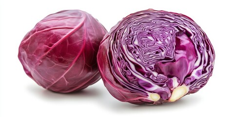 Obraz premium Fresh red cabbage displayed on a clean white background, showcasing the vibrant color and texture of red cabbage, perfect for culinary and health related themes featuring red cabbage.