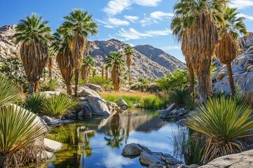 Obraz premium Serene Oasis: Palm Trees and Reflections in a Desert Landscape