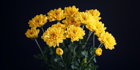 A vibrant and isolated display of yellow mums highlights the beauty of these flowers, showcasing the cheerful essence of yellow mums in a striking composition. Perfect for floral themes.