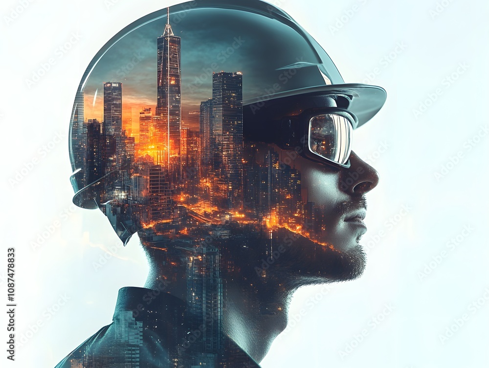 Aufkleber Profile of a Construction Worker with City Skyline Reflection in Helmet, Symbolizing Urban Development and Innovation in Modern Architecture and Engineering