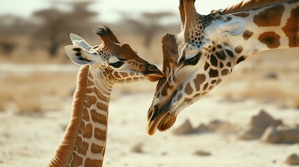 Obraz premium A Tender Moment Between a Baby Giraffe and Its Mother in the Savanna, Showcasing the Beauty and Connection of Wildlife in Their Natural Habitat