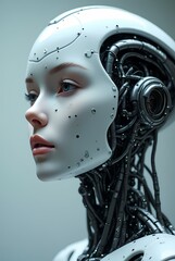 Female robot face, artificial intelligence concept