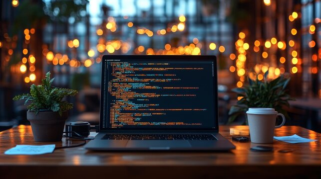 A young woman codes on her laptop amidst warm ambient lights in a cozy workspace
