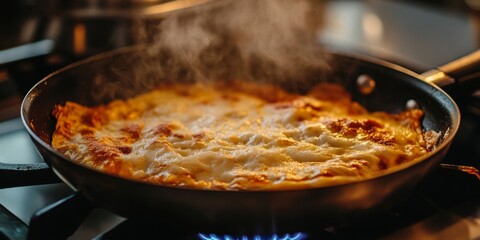 A vertical image showcasing a tortilla with cheese cooking in a pan on the stove, illuminated by overhead lights, highlights the deliciousness of this cheesy tortilla creation.