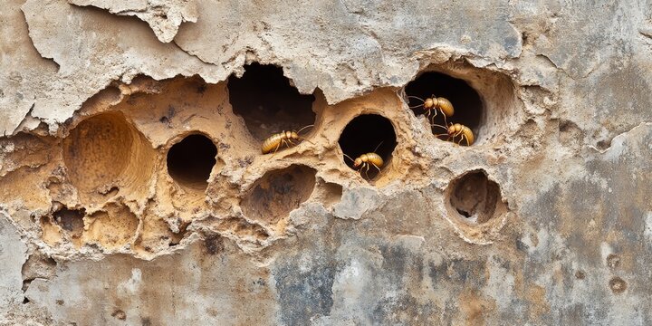 Termite mud tubes on a concrete wall showcase the intricate tunnels that termites create to connect their colony to essential wood food sources for survival.