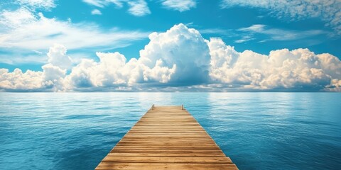 Wooden pier extending over the sea below a sky filled with clouds, creating a serene atmosphere....