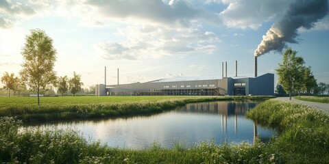 Industrial warehouses showcasing a low carbon footprint are visible in green fields. The technology park and factories highlight the importance of sustainable industry practices for a better future.