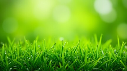 Obraz premium Green lawn with fresh grass outdoors, ground level perspective