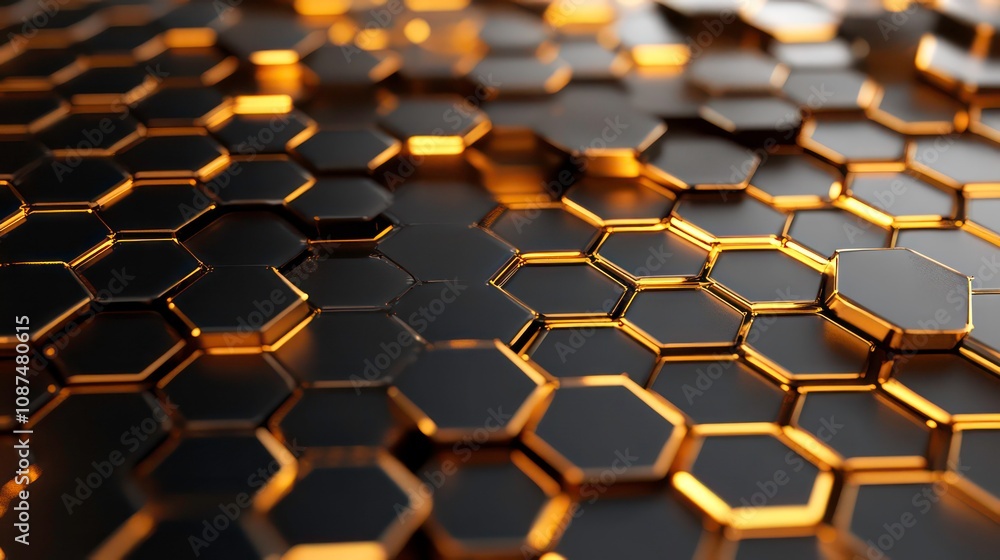 Poster abstract golden hexagonal pattern with soft light and shadows.