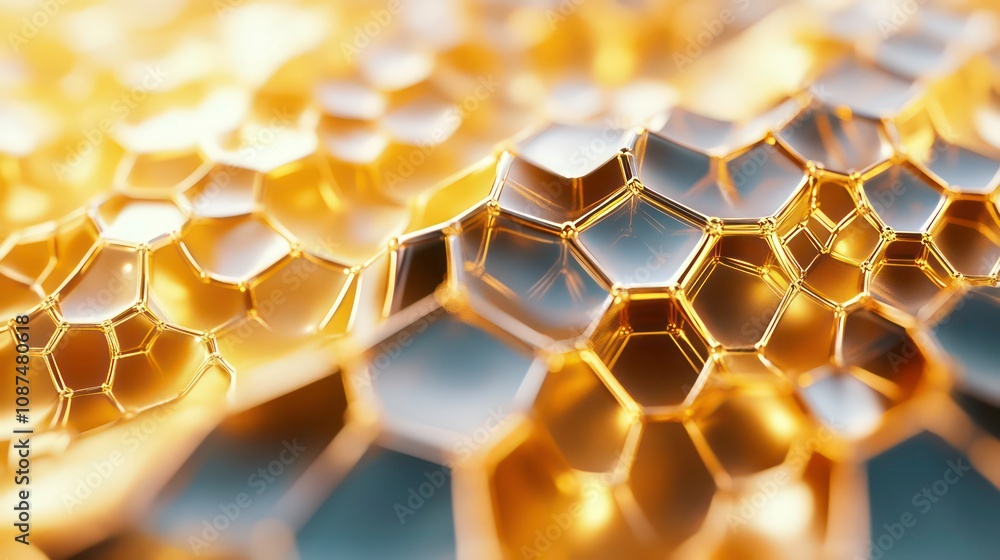 Poster abstract golden hexagonal pattern with soft light and shadows.
