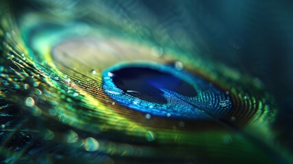 Close-Up of Vibrant Peacock Feather with Water Droplets in Soft Focus