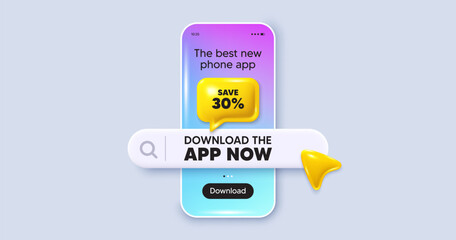 Obraz premium Save 30 percent off tag. Phone mockup screen. Download the app now. Sale Discount offer price sign. Special offer symbol. Phone download app search bar. Discount text message. Vector