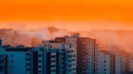 Cityscape at Sunrise Foggy Apartment Buildings