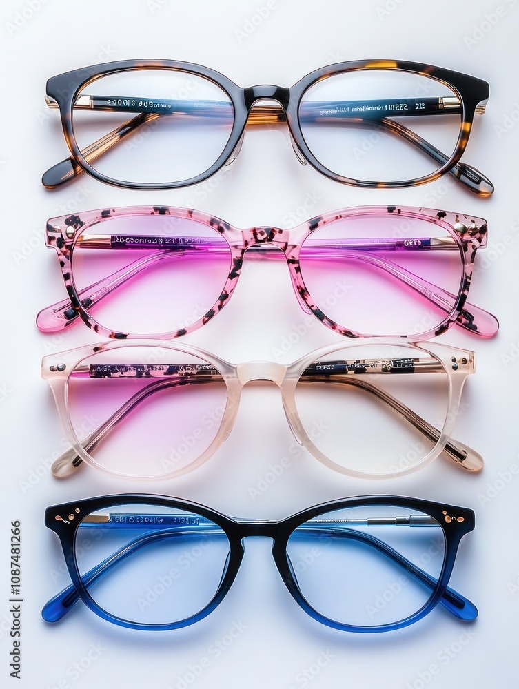 Poster a collection of colorful eyeglasses arranged in a stack on a white background.