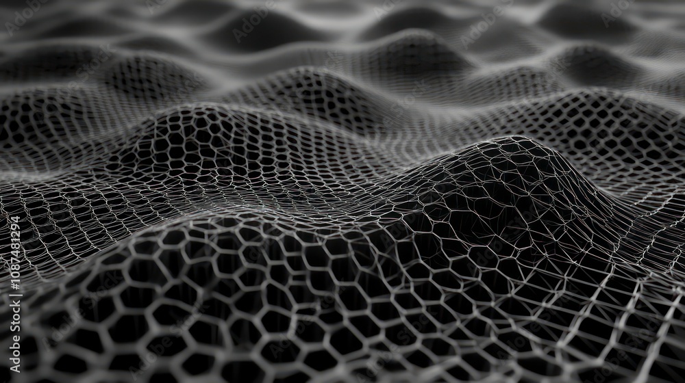Poster abstract background with a white mesh pattern that forms a wave-like structure.