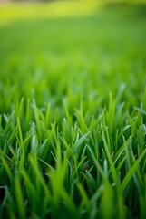 Fototapeta premium Green lawn with fresh grass outdoors, ground level perspective