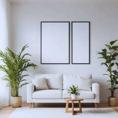 Mock up frame in home interior background, beige room with minimal decor, 3d render.