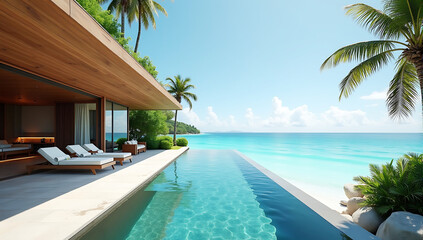 Fototapeta premium A luxurious oceanfront villa with an open-concept design, featuring a blend of natural wood and stone, an infinity pool overlooking the turquoise sea, and lush tropical landscaping.