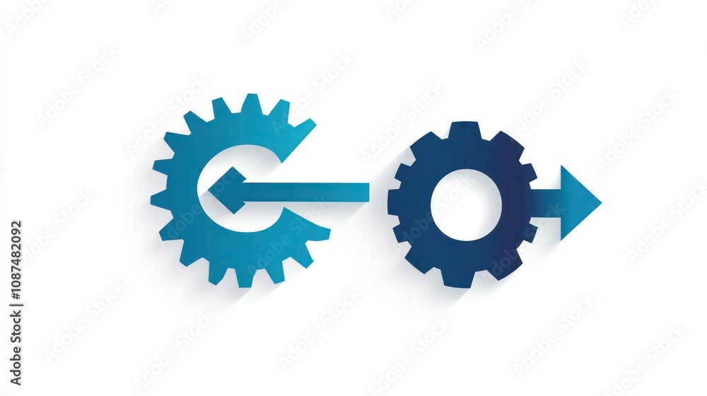 Poster two blue gears with arrows pointing to the right, symbolizing workflow, progress, and process.