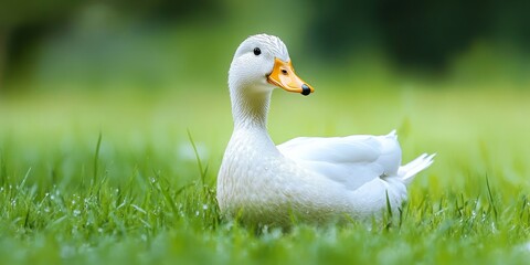 A white wet duck is featured against a vibrant green grass backdrop, showcasing the elegant appearance of the white wet duck in a natural setting. The white wet duck stands out beautifully.