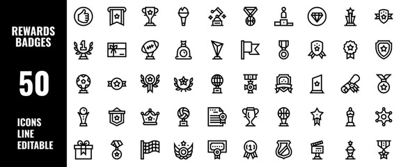 50 Rewards and Badges Icons Set Pack Line Editable Vector Illustration