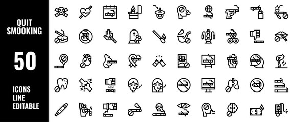 50 Quit Smoking Icons Set Pack Line Editable Vector Illustration