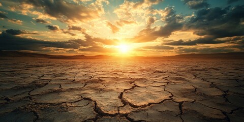 Dry and cracked land illustrates the severe effects of climate change, including desertification and droughts. This imagery captures the challenges of dry and cracked land due to rain scarcity.