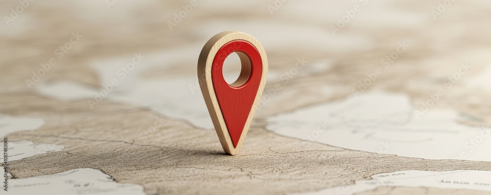 Poster a wooden red location pin stands on a textured map, symbolizing navigation and location tracking in 