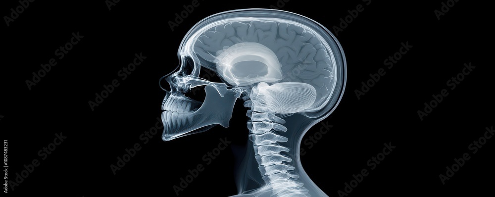 Poster a side view x-ray image of a human skull, showcasing the brain and spinal cord, emphasizing anatomic