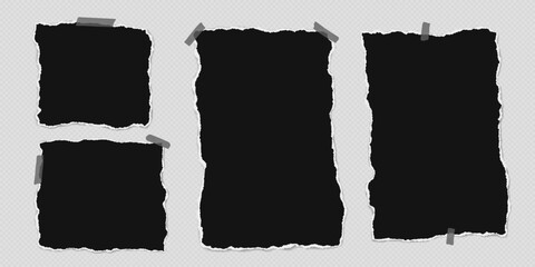 Set of torn black note paper pieces with sticky tape are on transparent background for text, notes or ad.