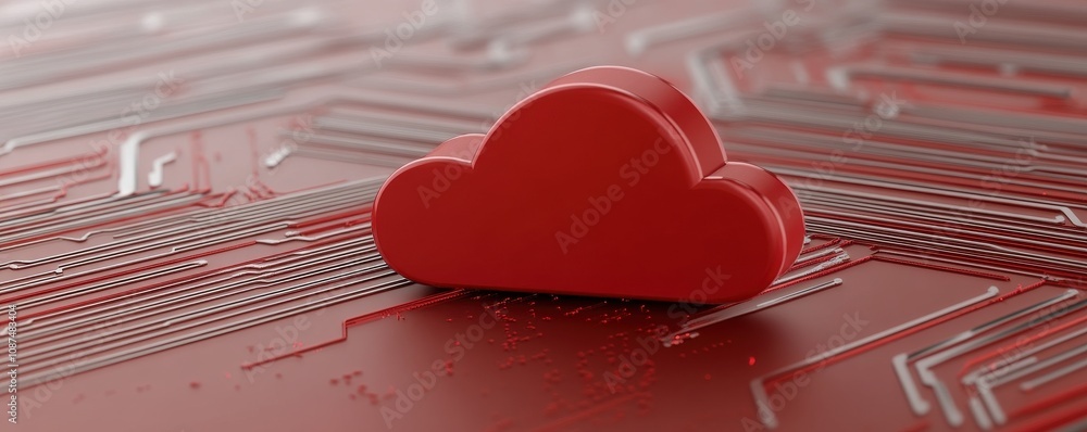 Poster a red cloud symbol sits on a textured circuit board, representing cloud computing technology and dig