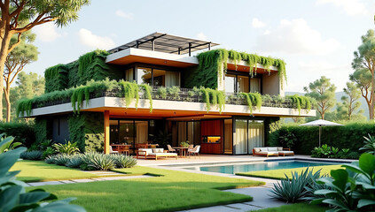 Obraz premium A modern solar-powered eco villa with rooftop solar panels, lush vertical gardens, rainwater collection systems, and a serene outdoor living space surrounded by native plants.