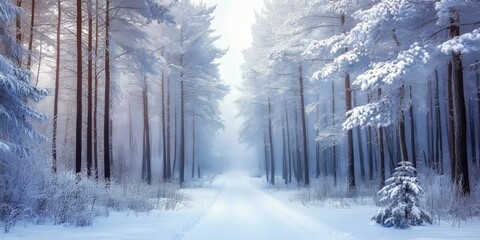 Naklejka premium Winter forests showcase the beauty of nature, with snow covered trees and serene landscapes highlighting the enchanting forests filled with tranquility and charm. Explore the wonder of winter forests.