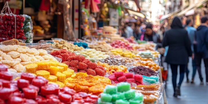 Colorful and delicious mesir paste displayed on a busy street, reflecting the rich sweet food culture and culinary traditions of Turkish cuisine, making it a perfect street food treat.
