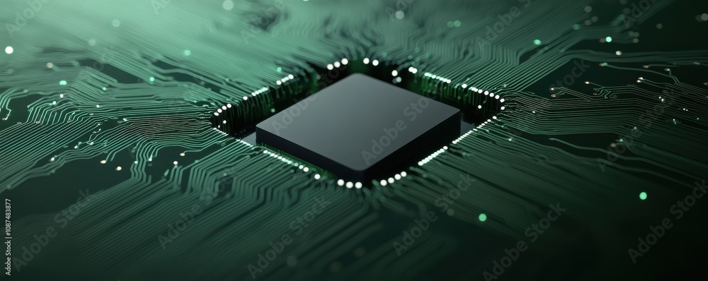 Aufkleber a close-up view of a microchip on a green circuit board, highlighting intricate pathways and connect
