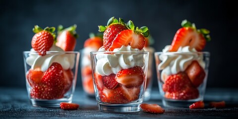 Delicious strawberries showcased in a transparent glass, elegantly paired with creamy goodness. This image beautifully highlights strawberries paired with cream for a delightful treat.